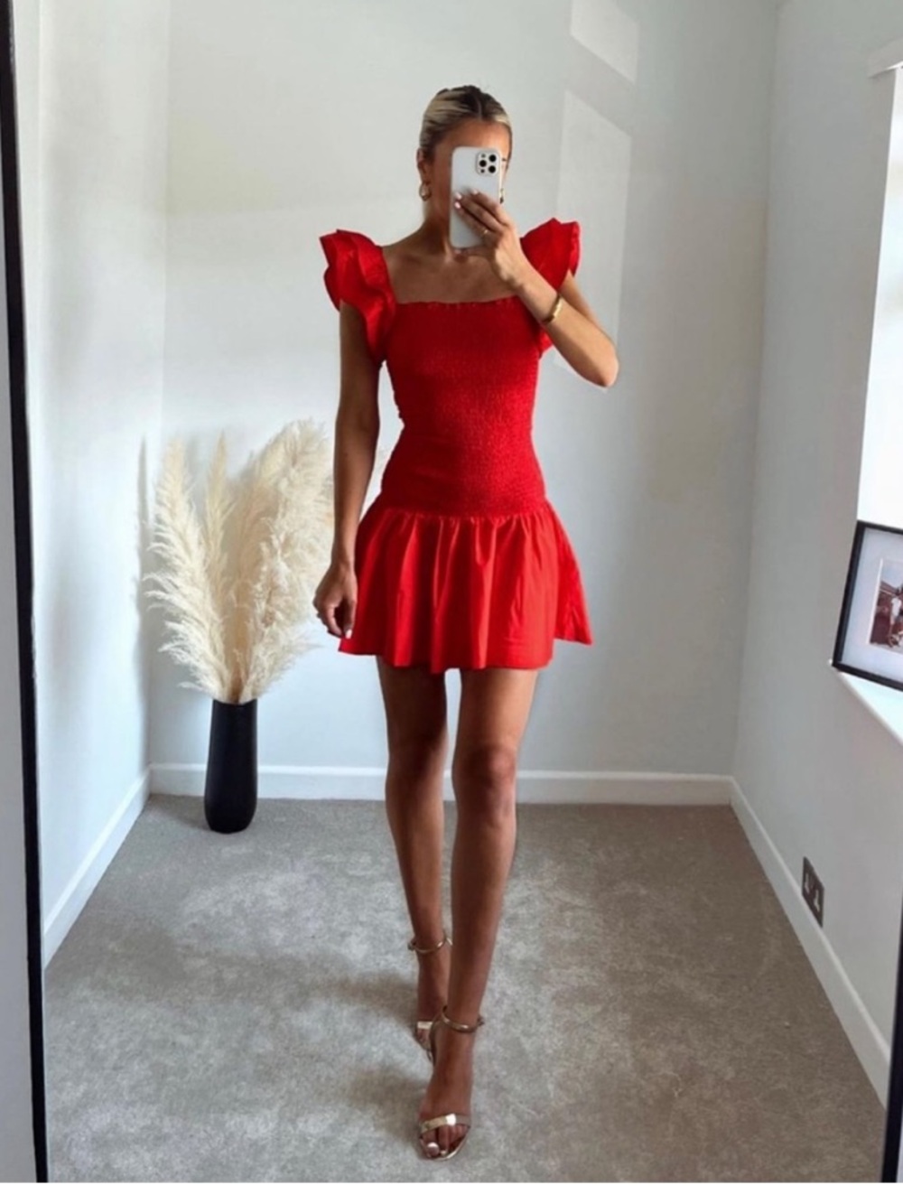 Red Ruffle Sleeve shirred Mini Dress - Picture 2 of 4